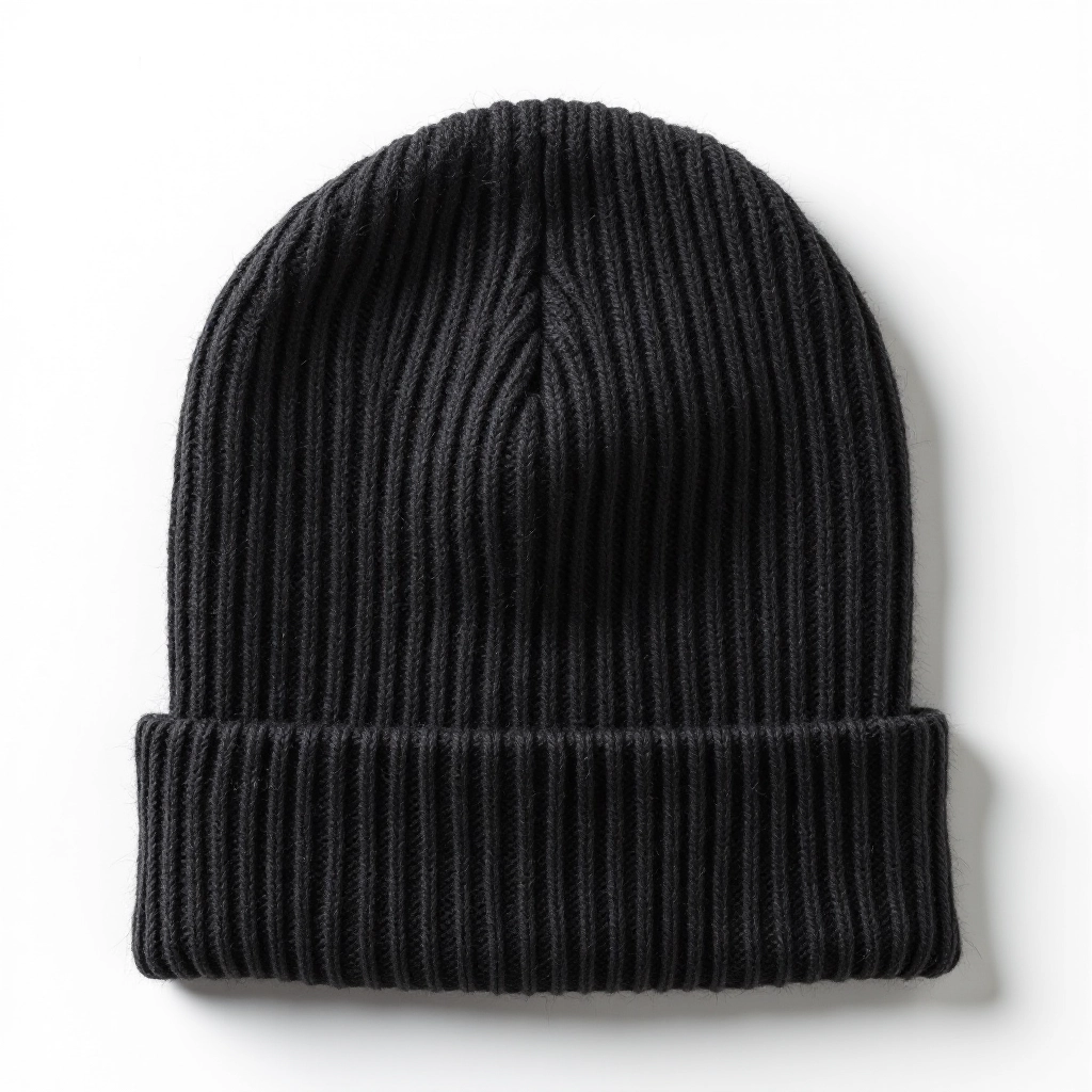 Charcoal grey ribbed merino wool beanie displayed on white background with cuff folded down showing full shape