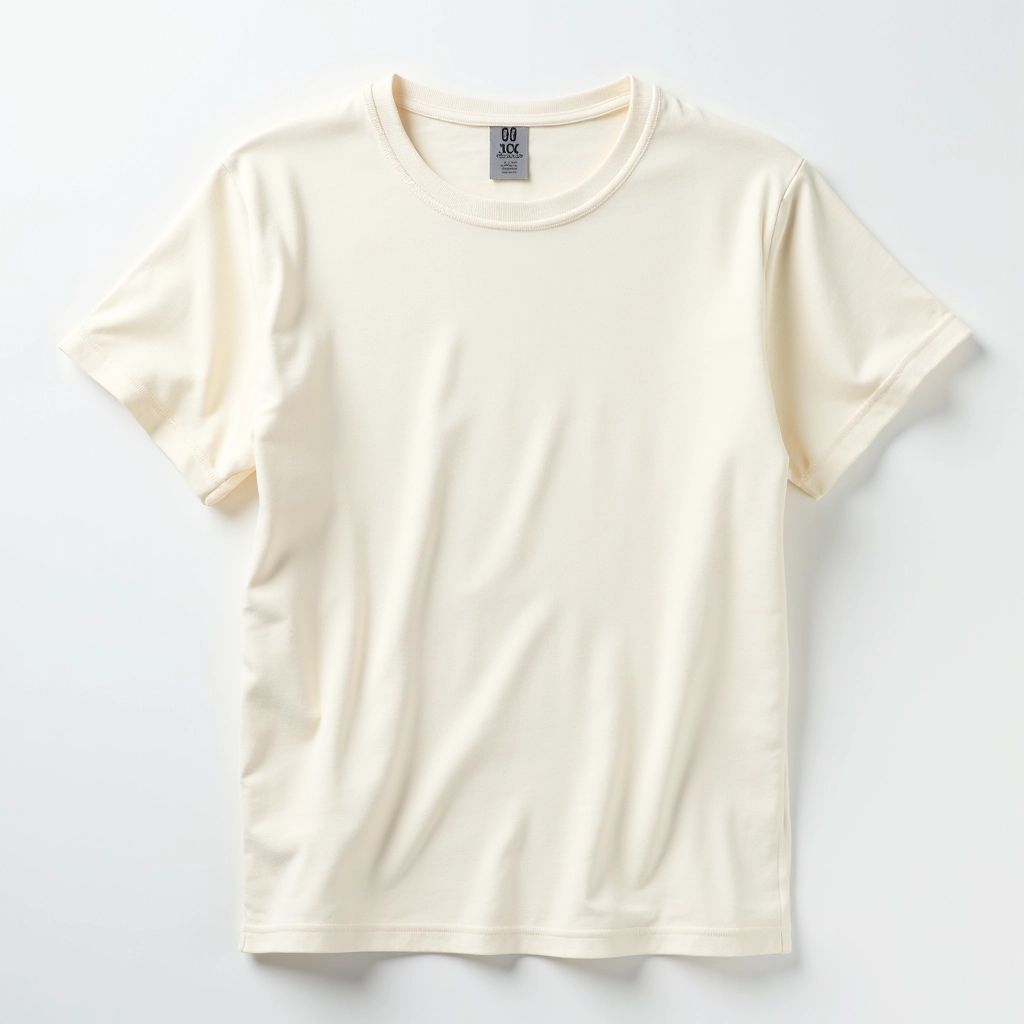 Cream-colored crew neck t-shirt laid flat showing neckline detail and natural linen-cotton blend fabric texture