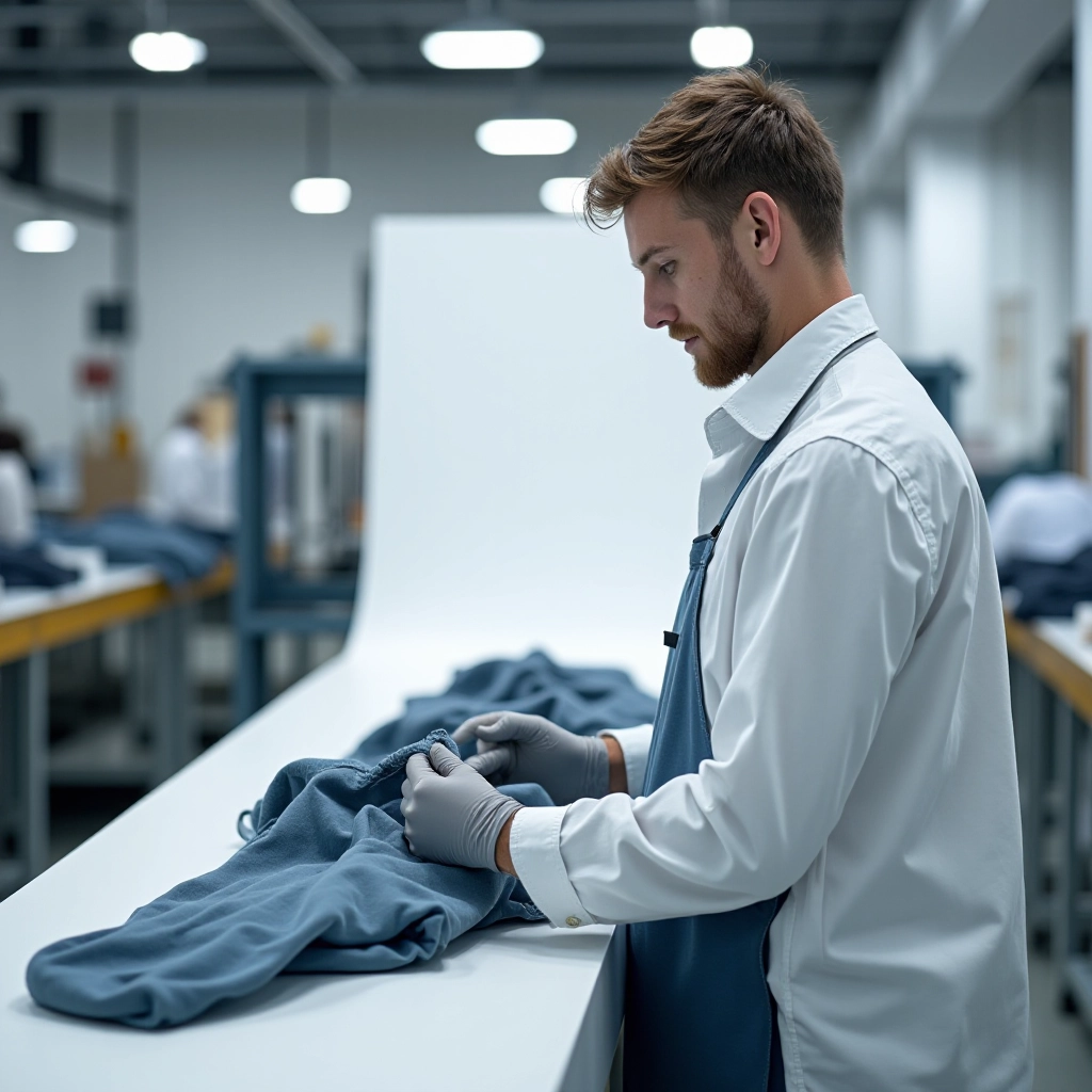 European factory worker quality checking finished charcoal joggers on production line with bright studio lighting