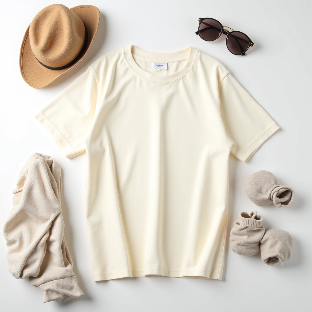Cream crew neck t-shirt styled with casual layering and neutral earth-tone accessories showing versatile everyday wear options