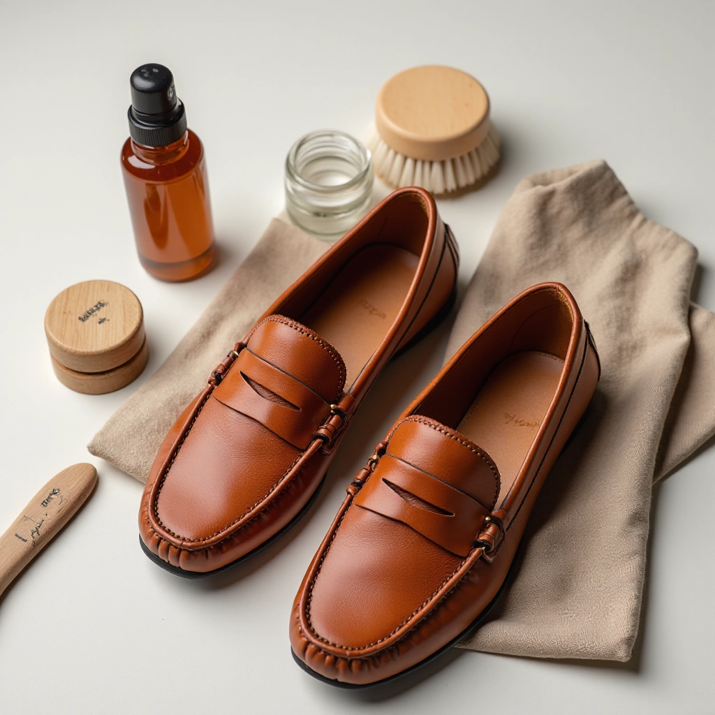 Cognac loafer paired with care products including soft brush, leather conditioner, and cloth on wooden surface